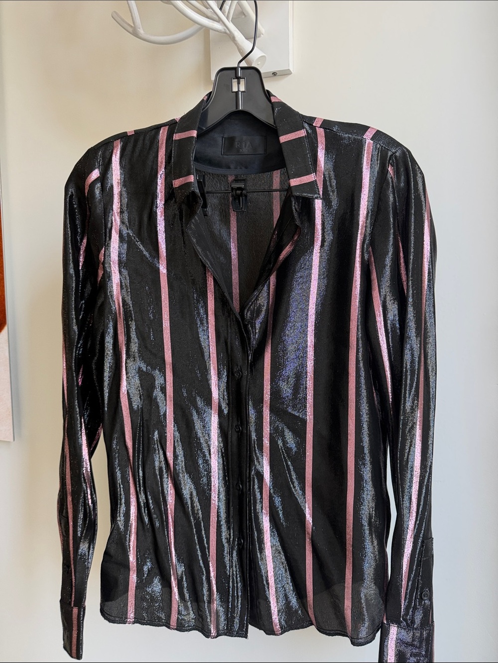 RtA Black Sheen Button-Up Blouse with Pink Stripes